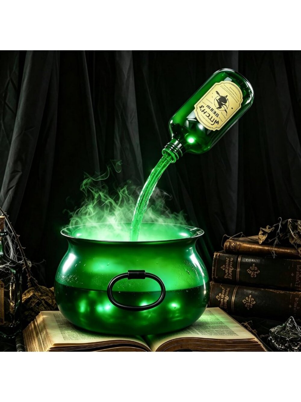 Translucent Witch Cauldron with Floating Potion Bottles & Magical Mist Maker